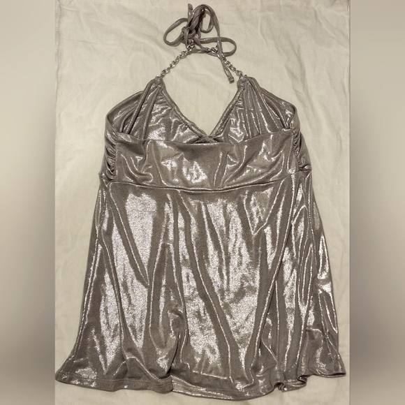 EUC Express Sexy Shiny V-Neck Halter Blouse Top with Chain Tie - Picture 3 of 7